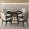 Round dining table with black wooden tabletop and metal frame, seating 4, ideal for modern kitchens and gatherings.