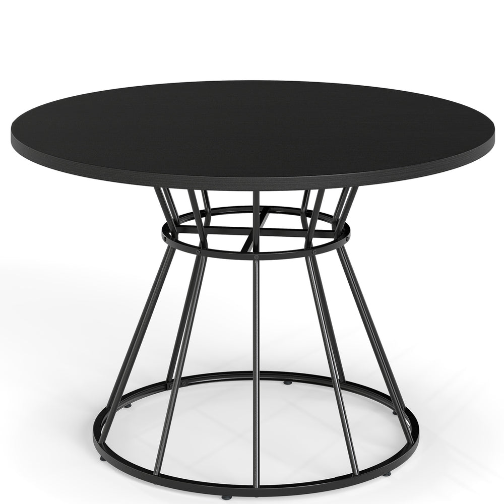 Round 47-inch black dining table with wooden tabletop and metal frame, ideal for 4-6 persons in modern settings.