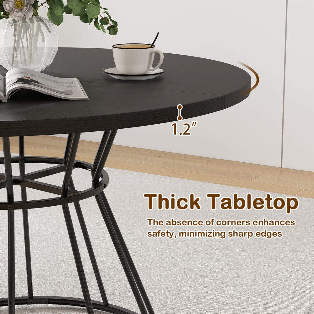 Round dining table with a 1.2” thick MDF wooden tabletop and robust metal frame, perfect for 4-6 persons in any setting.
