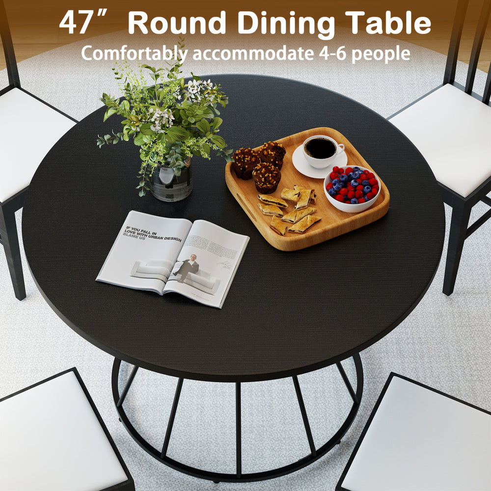 47-inch round dining table with a black wooden tabletop, comfortably seats 4-6 people, perfect for modern kitchens.