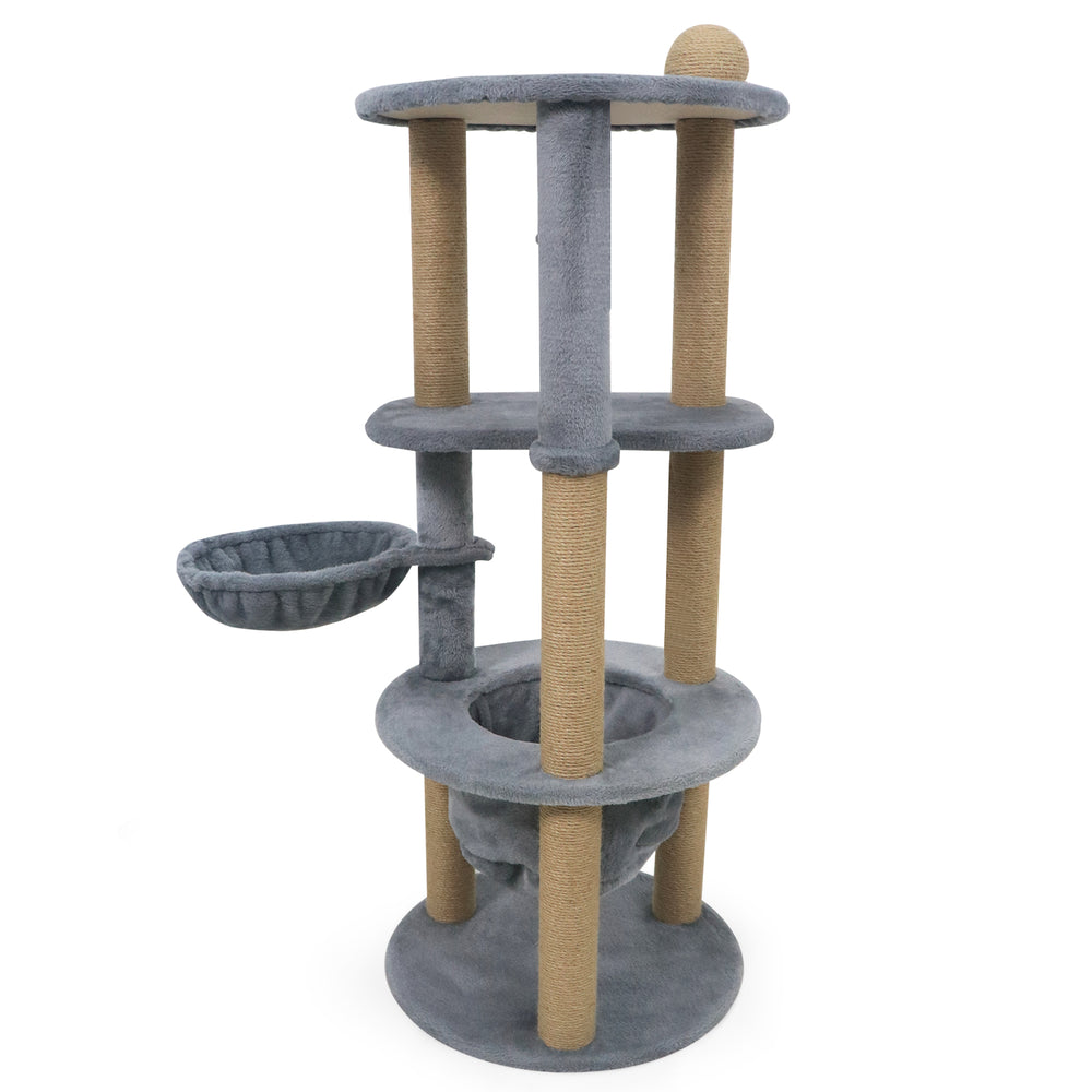 47-inch tall gray cat tower with scratching posts, cozy nest, and top perch for relaxation and play.