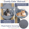 Cat tower featuring a cozy rotatable basket bed and deep hammock for relaxation, made with soft gray fabric.