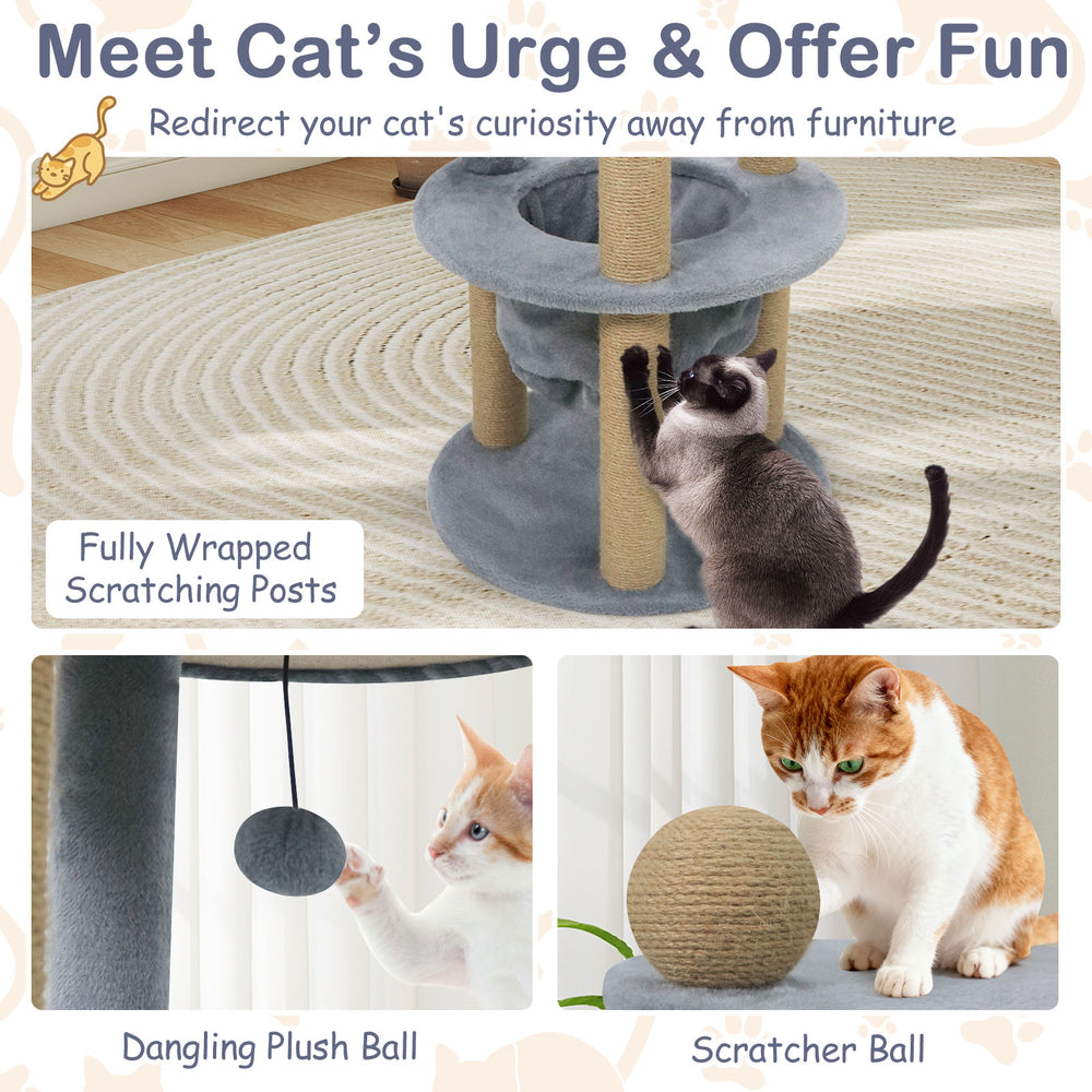 Gray 47-inch tall cat tower with scratching posts, cozy nest, and dangling plush ball for interactive play and.