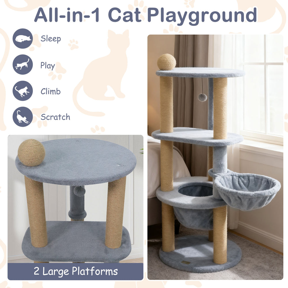 Cat tower featuring a spacious top perch, cozy nest, and scratching posts for play and relaxation in gray.
