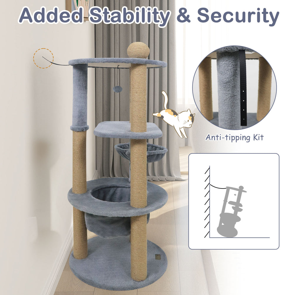 47-inch gray cat tower with cozy nest, scratching posts, and anti-tipping kit for stability and safety.
