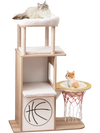 Wooden cat tree with 2-story condo and basketball hoop hammock, featuring soft cushions and jute scratching posts.