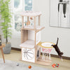 Wooden cat tree with 2-story condo, basketball hoop hammock, and padded cushions for playful and cozy cat relaxation.