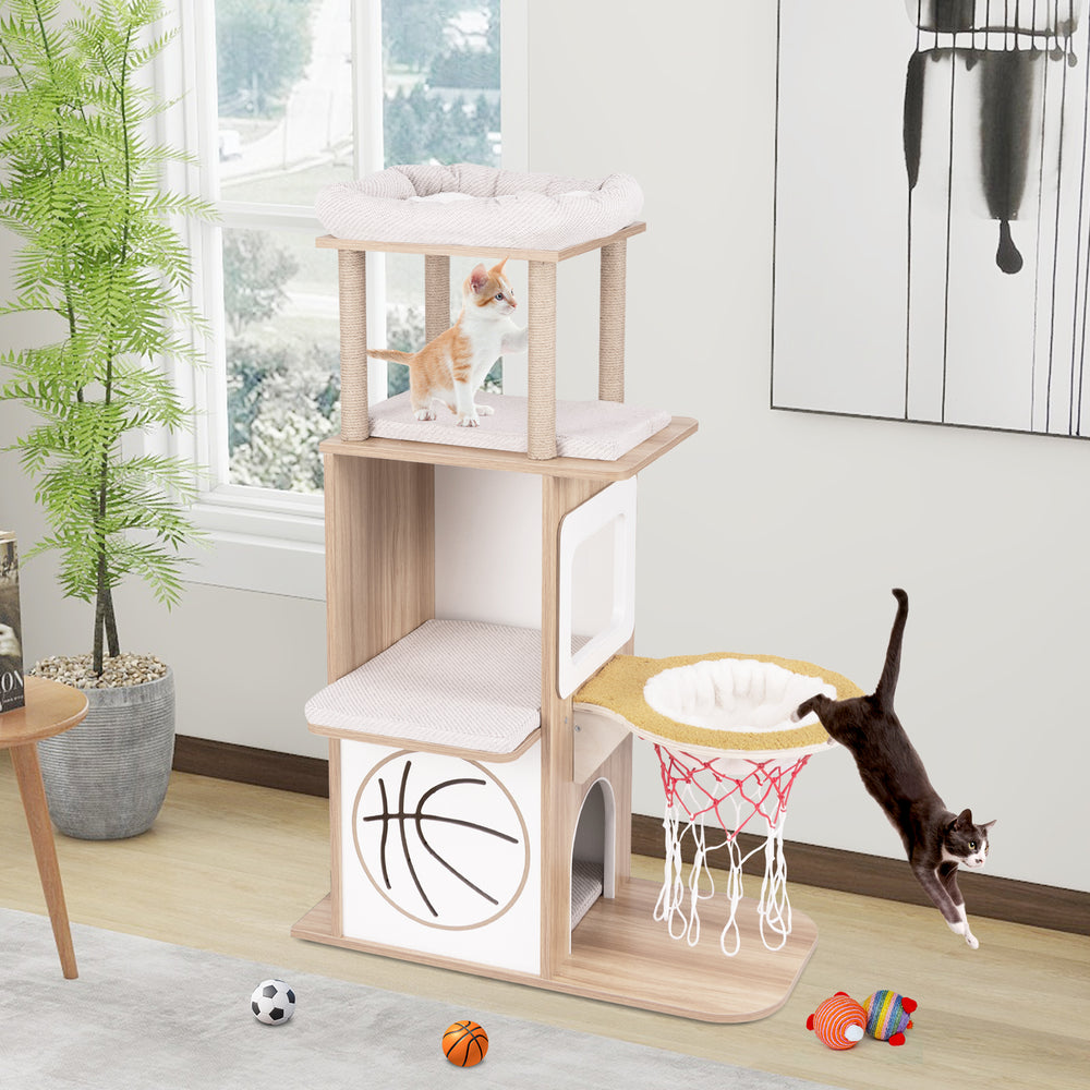 Wooden cat tree with 2-story condo, basketball hoop hammock, and padded cushions for playful and cozy cat relaxation.