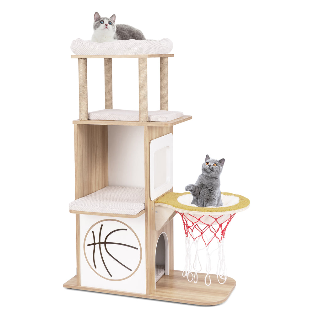 Wooden cat tree with 2-story condo, basketball hoop hammock, and padded cushions for play and relaxation.