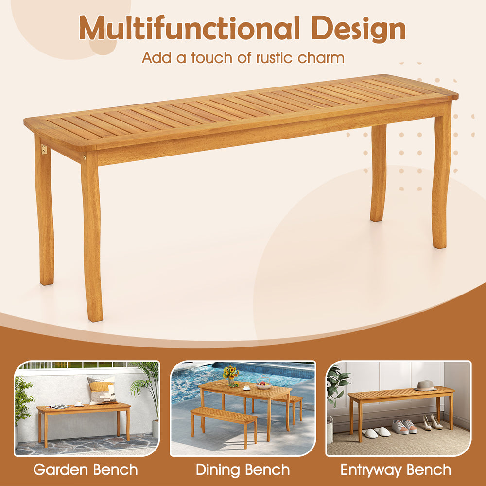 Acacia wood outdoor 48" long patio dining bench with slatted seat, perfect for garden, dining, or entryway use.
