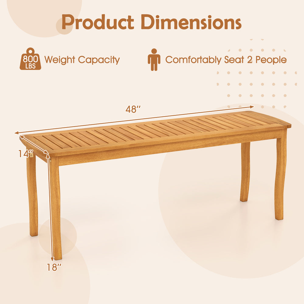 Acacia wood outdoor patio dining bench, 48" long, slatted design, comfortably seats 2 people, ideal for garden use.