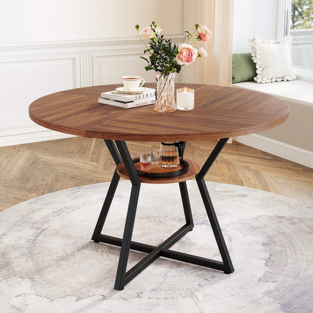 Round 47" dining table with a brown MDF top and metal frame, featuring a storage shelf, perfect for dining areas.