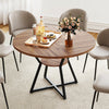 Round 47" dining table with a brown MDF top and metal frame, featuring a storage shelf, ideal for dining or events.