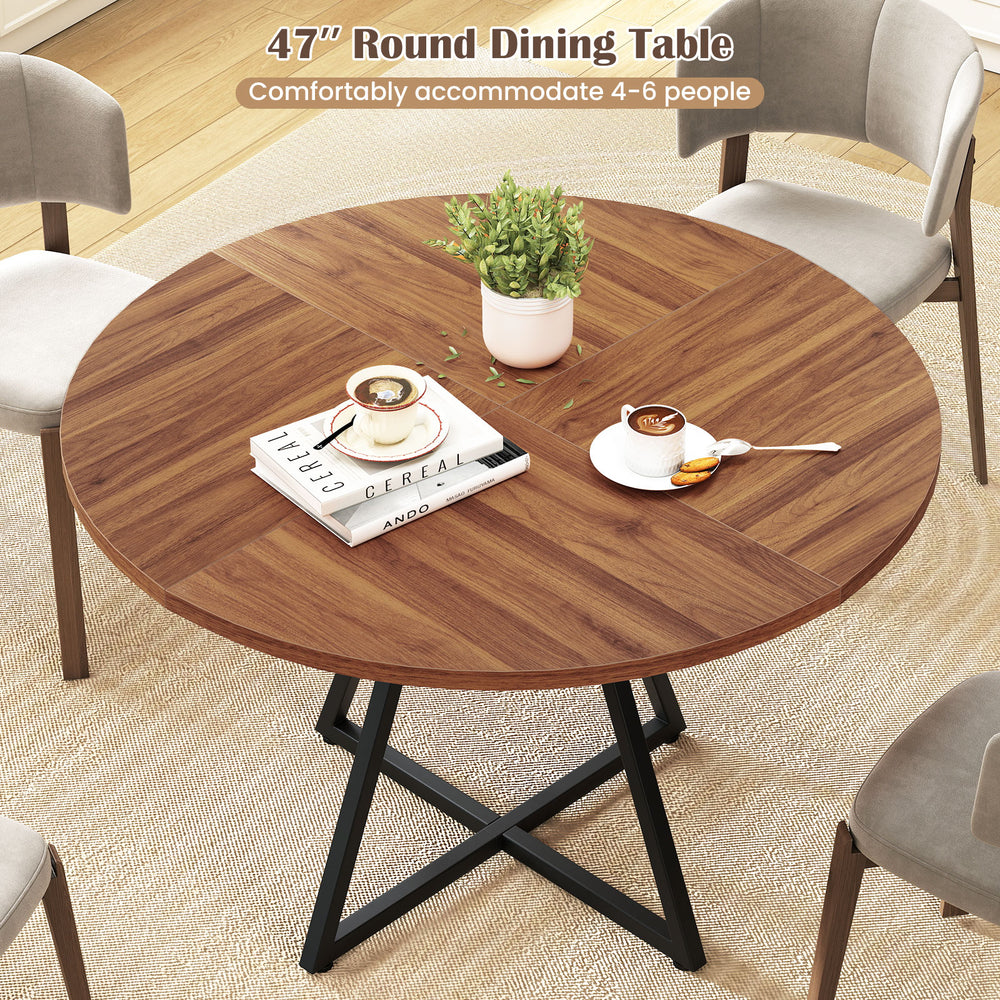 Round 47" dining table in brown with a storage shelf, accommodating 4-6 people, perfect for modern dining spaces.