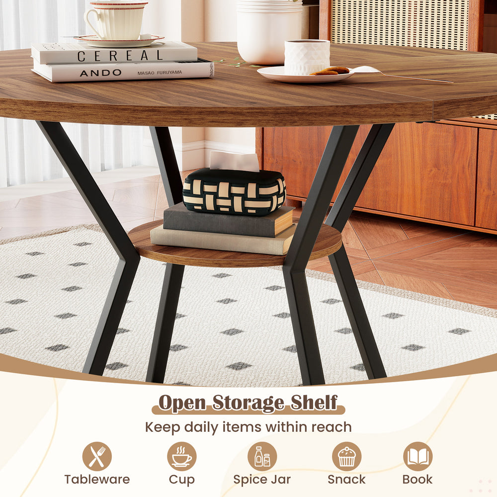 Round dining table with open storage shelf, accommodating up to 6 persons, ideal for home and dining spaces.