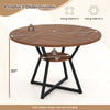 47" round dining table with a brown MDF top and metal frame, featuring a storage shelf for easy access to essentials.