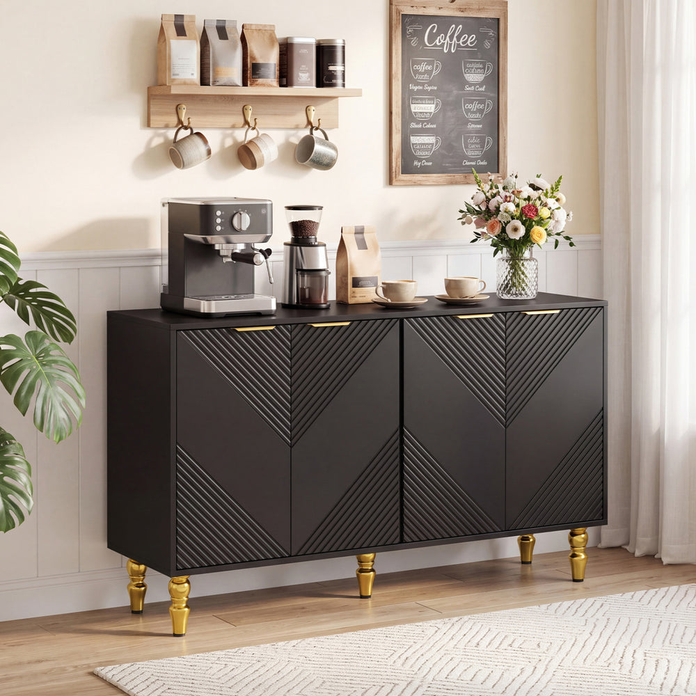 Elegant black 47" sideboard buffet cabinet with gold legs and chevron fluted doors, perfect for stylish kitchen storage.