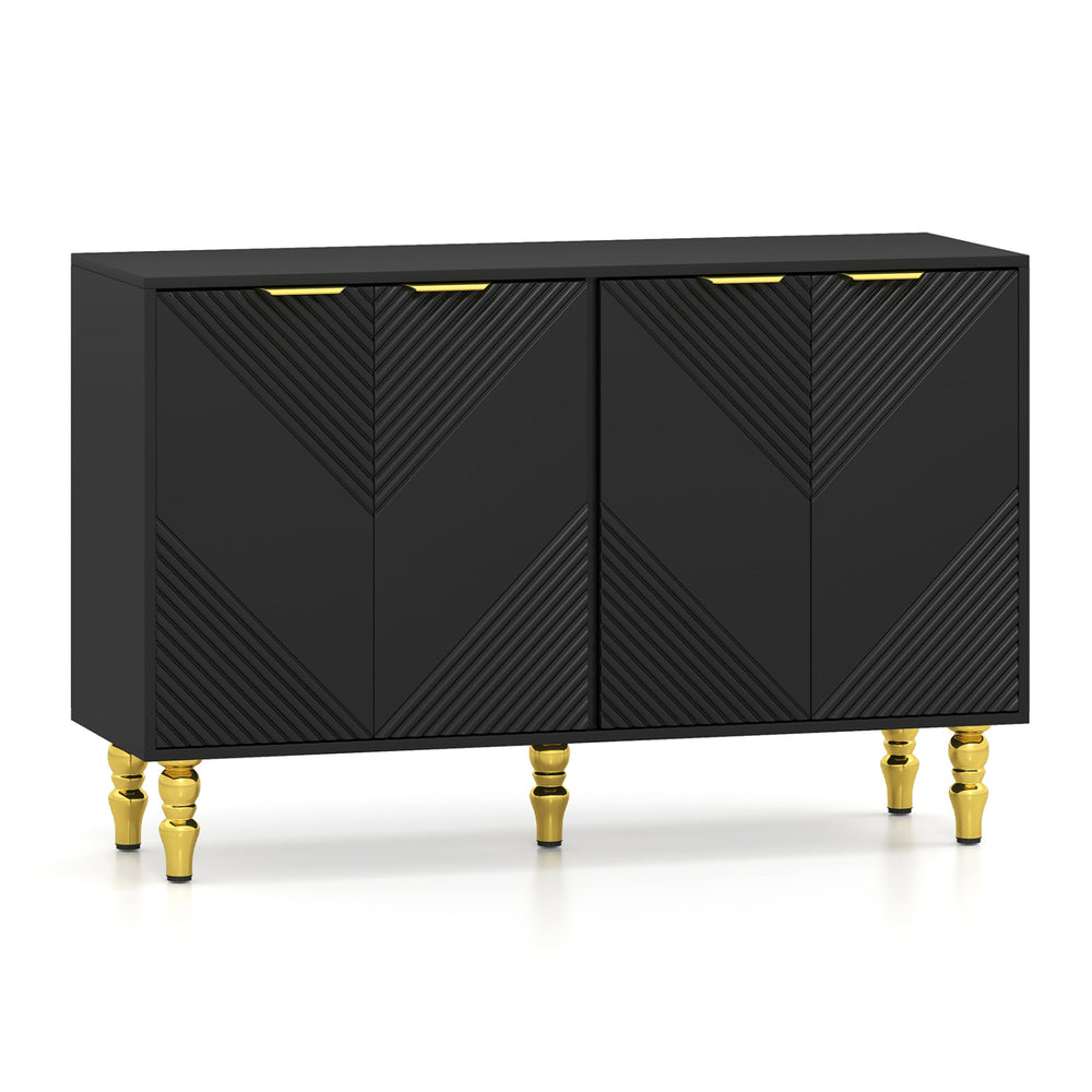 Black 47" sideboard buffet cabinet with chevron fluted doors, gold legs, and adjustable shelves for versatile storage.