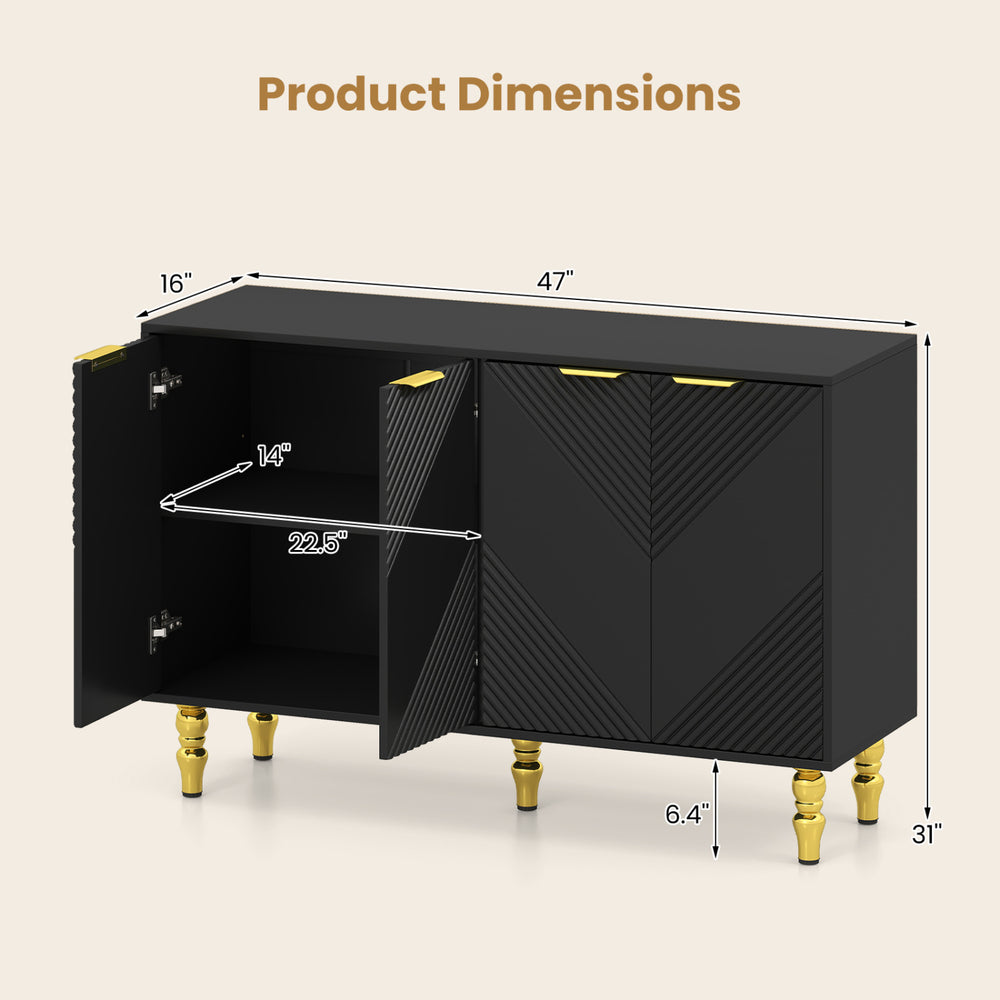 47" black sideboard buffet cabinet with chevron fluted doors, adjustable shelves, and anti-toppling devices for versatile storage.