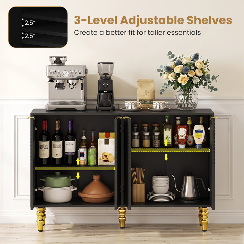 47" black sideboard buffet cabinet with 4 chevron fluted doors and adjustable shelves for versatile kitchen storage.