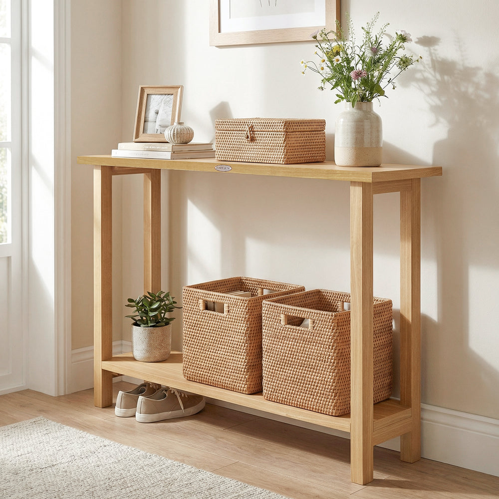 Solid wood console table with teak frame, featuring a 1" thick tabletop and two storage baskets for versatile.