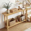 Solid wood console table with teak frame, featuring a 1" thick tabletop and two-tier storage for a rustic farmhouse.