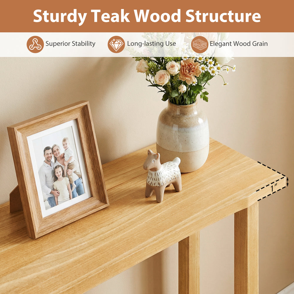 Solid wood console table with a sturdy teak frame, showcasing elegant wood grain and ample 2-tier storage for versatile.