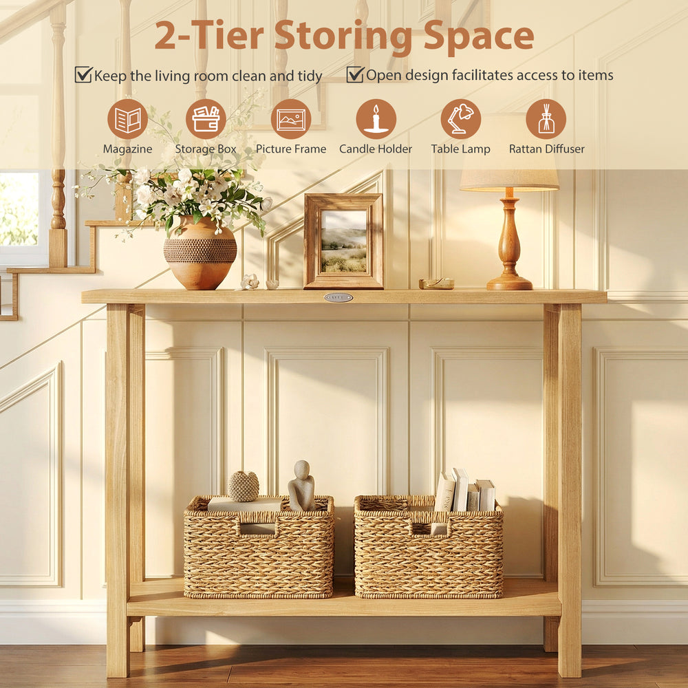 47-inch solid wood console table with teak frame, featuring 2-tier storage for a tidy living room or hallway.