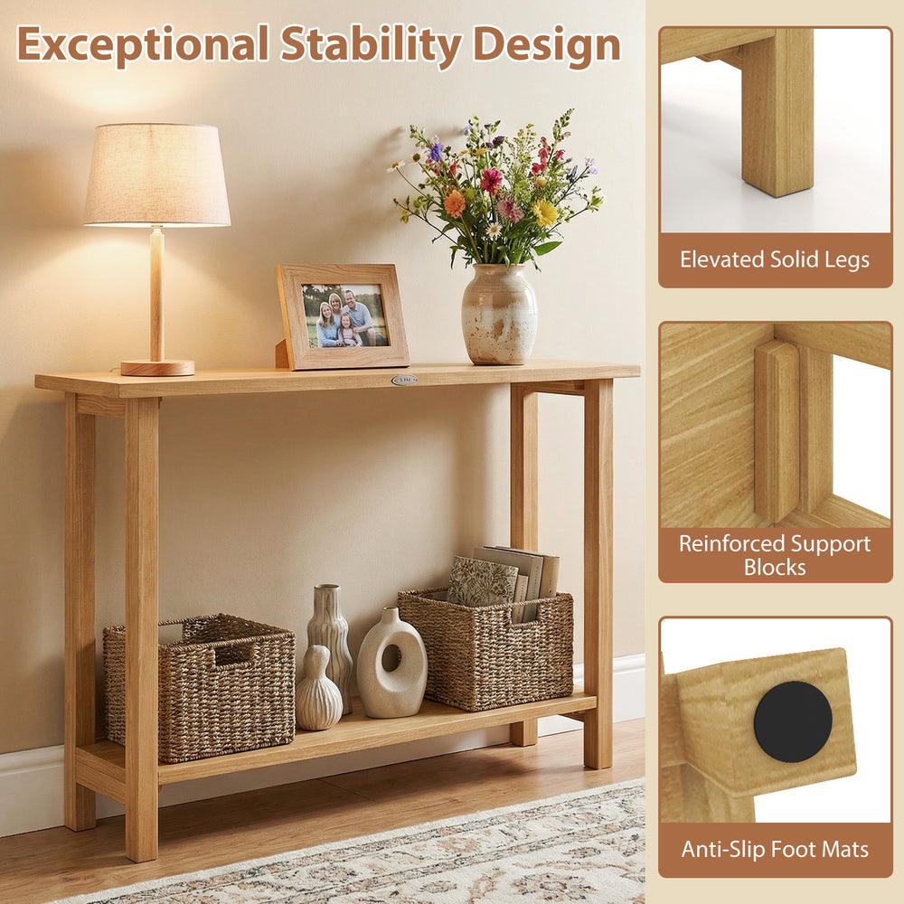 47-inch solid wood console table with teak frame, featuring elevated legs and ample storage for a rustic farmhouse look.