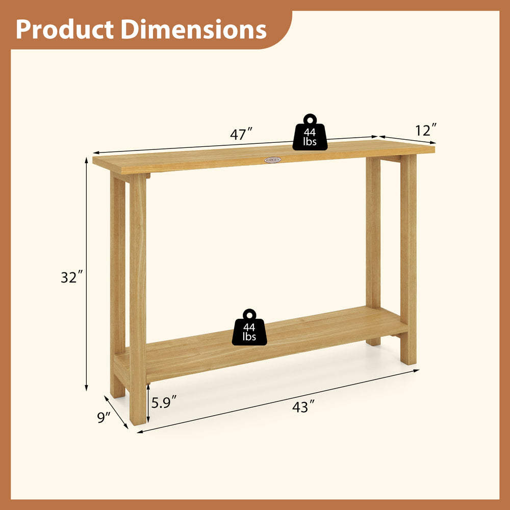 47-inch solid wood console table with teak frame, featuring a 2-tier storage shelf for versatile living room use.