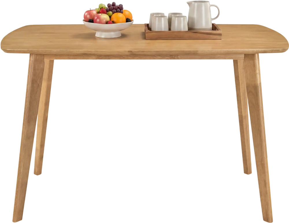 Solid wood dining table with rounded edges, seats 4, made from rubber wood, perfect for dining rooms or kitchens.