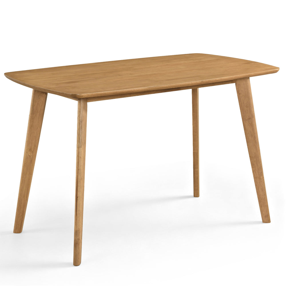 Solid wood dining table with rounded edges, seats 4, made from rubber wood for durability and natural warmth.
