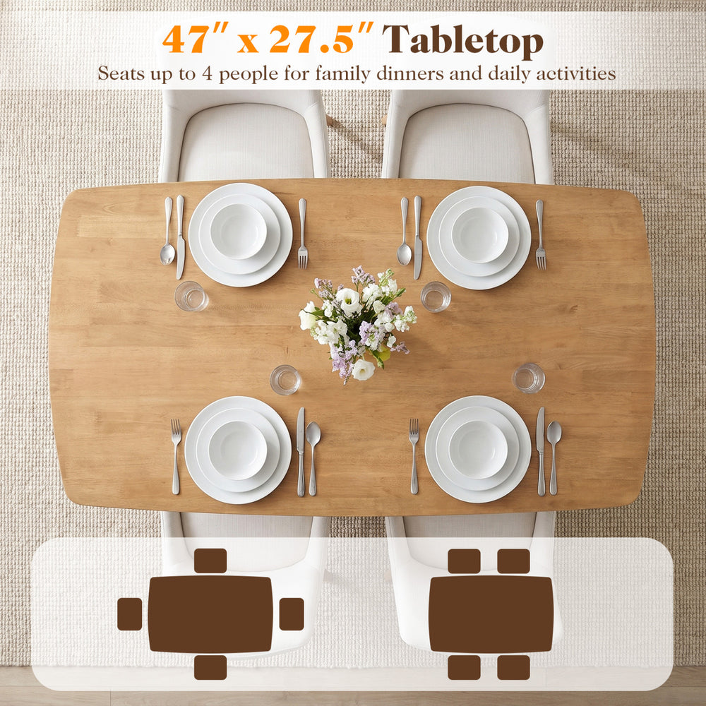 Natural 47" solid wood dining table with rounded edges, seats 4 people, perfect for family dinners and daily activities.