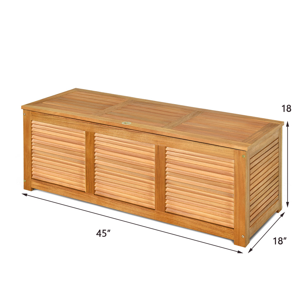 Acacia wood storage bench box featuring a sturdy frame and flip-top lid, ideal for storing cushions and tools outdoors.