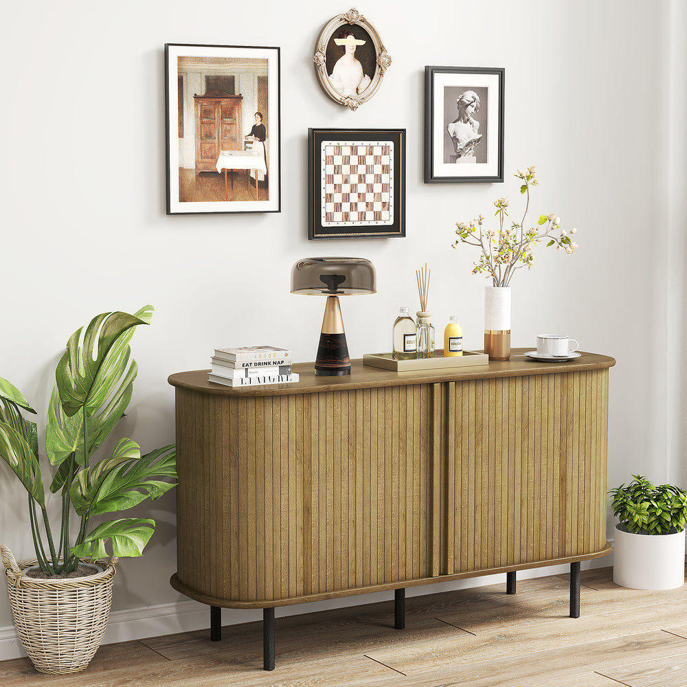 47-inch oak sideboard buffet cabinet with sliding tambour doors and adjustable shelves, perfect for dining or living.