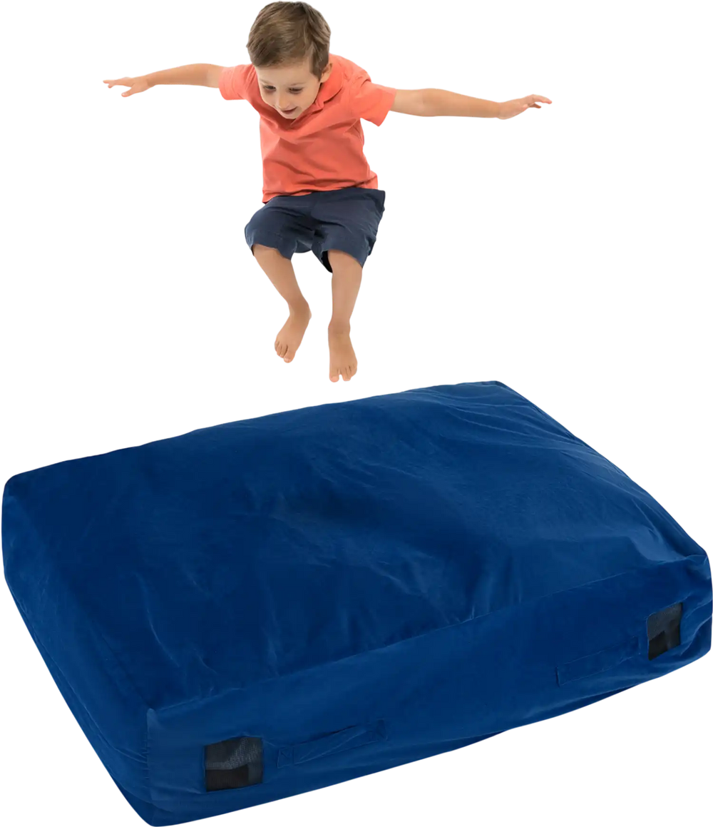 Blue crash pad sensory mat with soft foam blocks, ideal for jumping, playing, and safe sensory stimulation for kids.