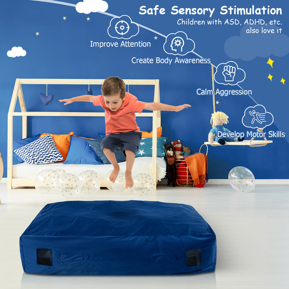 Blue 47 x 35.5 inch crash pad sensory mat with soft foam blocks, ideal for safe play and sensory stimulation for kids.