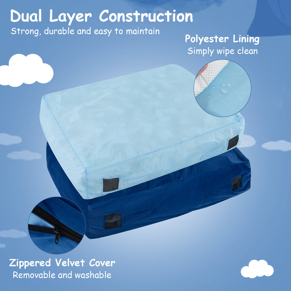 Blue 47 x 35.5 inch crash pad sensory mat with foam blocks and washable velvet cover, ideal for play and relaxation.