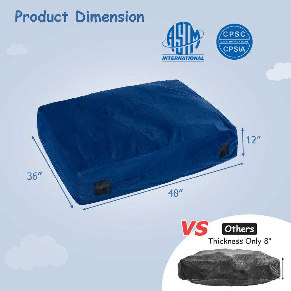Blue 47 x 35.5 inch crash pad sensory mat with foam blocks, washable cover, and non-slip bottom for safe play.