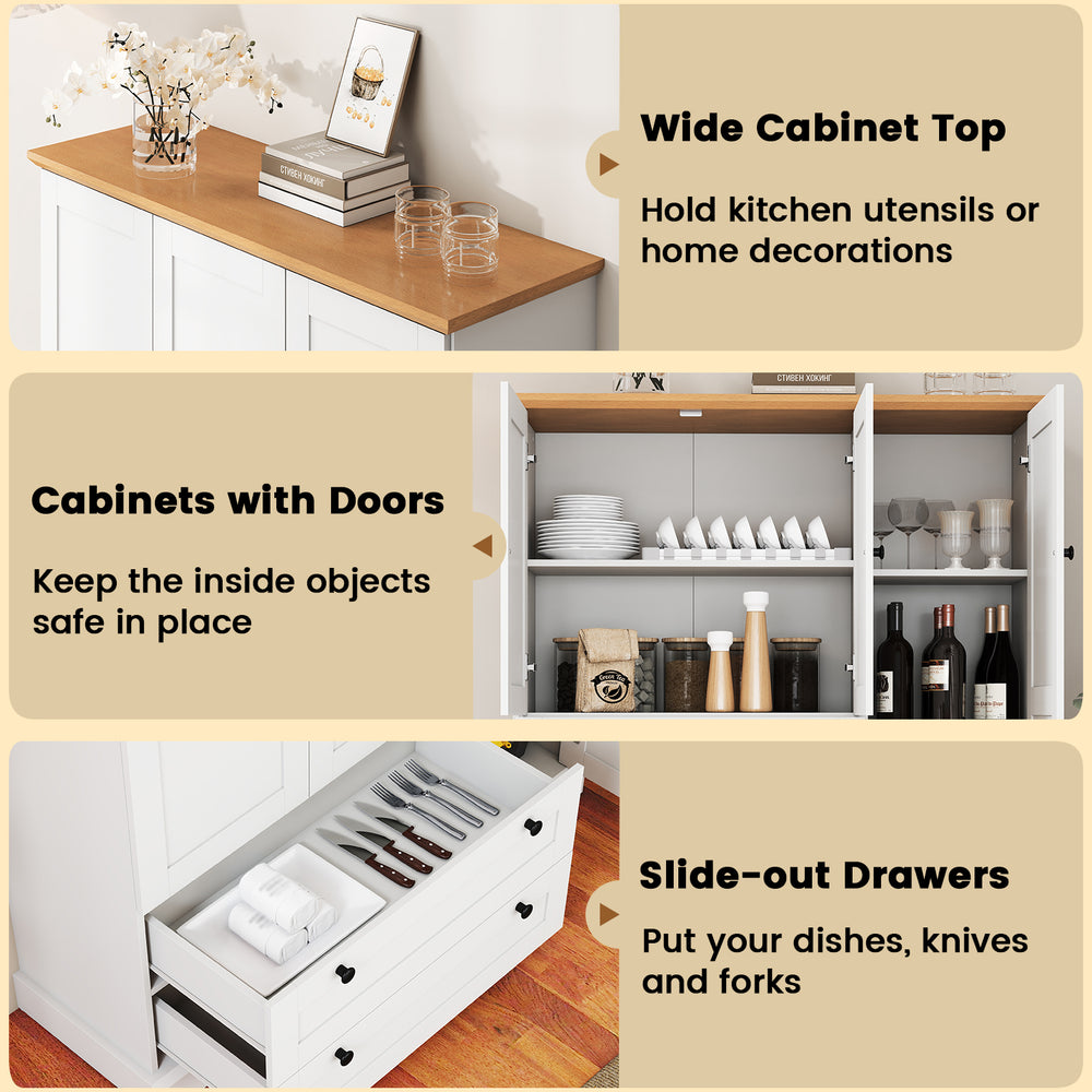 Freestanding white kitchen storage cabinet with wood-like countertop, three doors, and two large slide-out drawers.