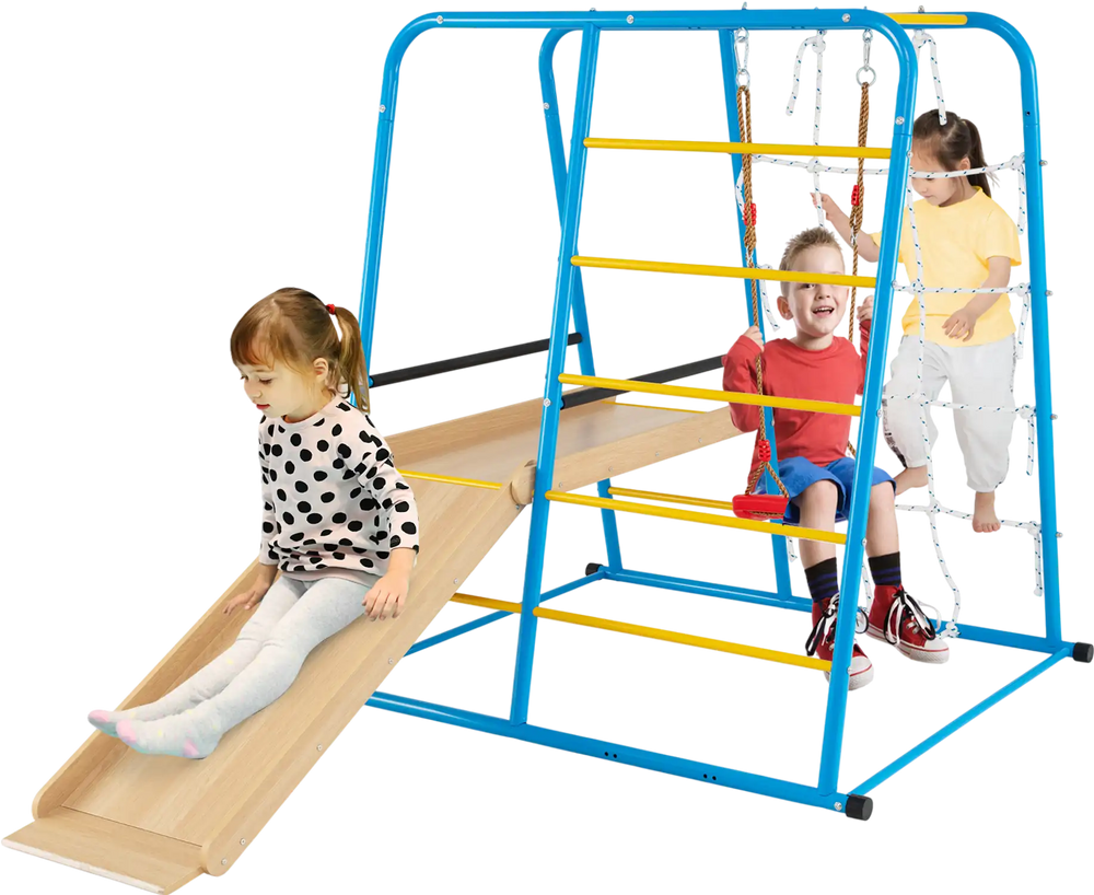 Indoor jungle gym in blue with slide, swing, and climbing features, designed for kids 3+ years for safe play.