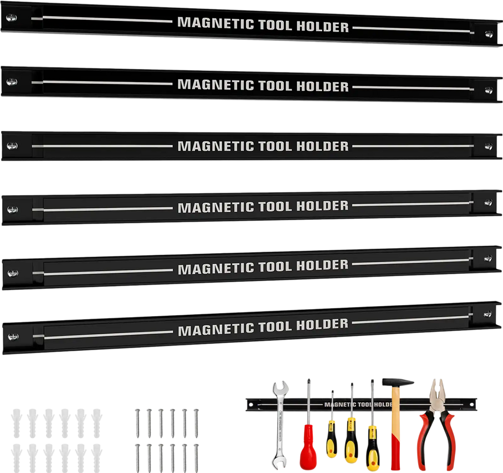 18-inch black magnetic tool holder strips with mounting screws, ideal for organizing tools in garages or workshops.