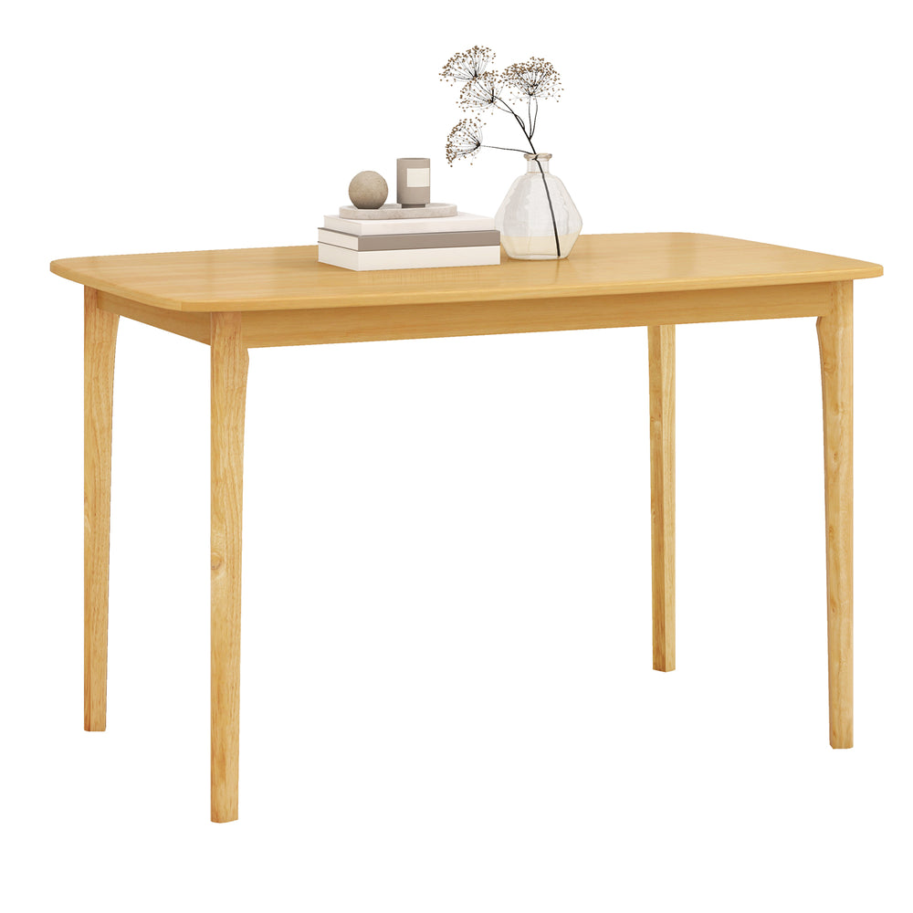 Natural 48-inch solid wood dining table with rubber wood legs, featuring a smooth waterproof surface for kitchen dining.