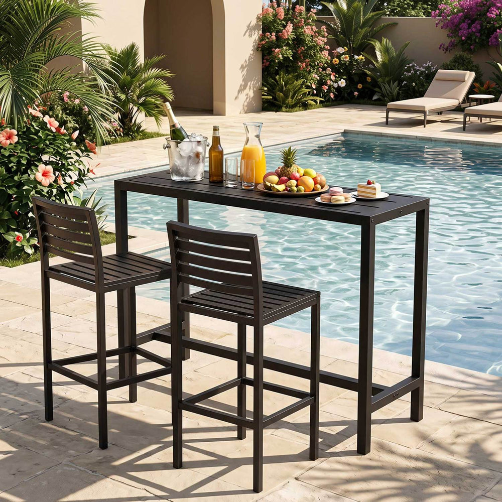 Outdoor bar table with waterproof top and heavy-duty metal frame, perfect for patio or poolside dining and chatting.