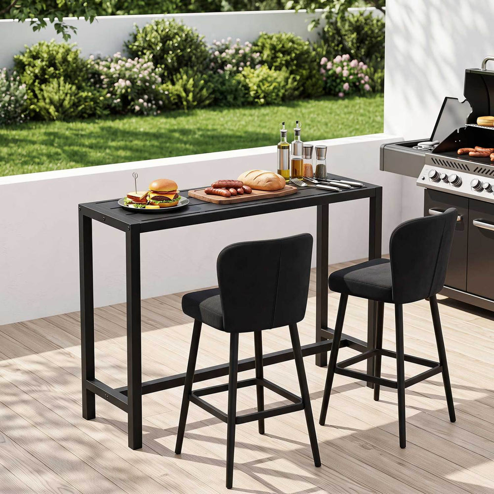 Outdoor bar table with waterproof top and heavy-duty metal frame, perfect for patio dining or home bar setup.
