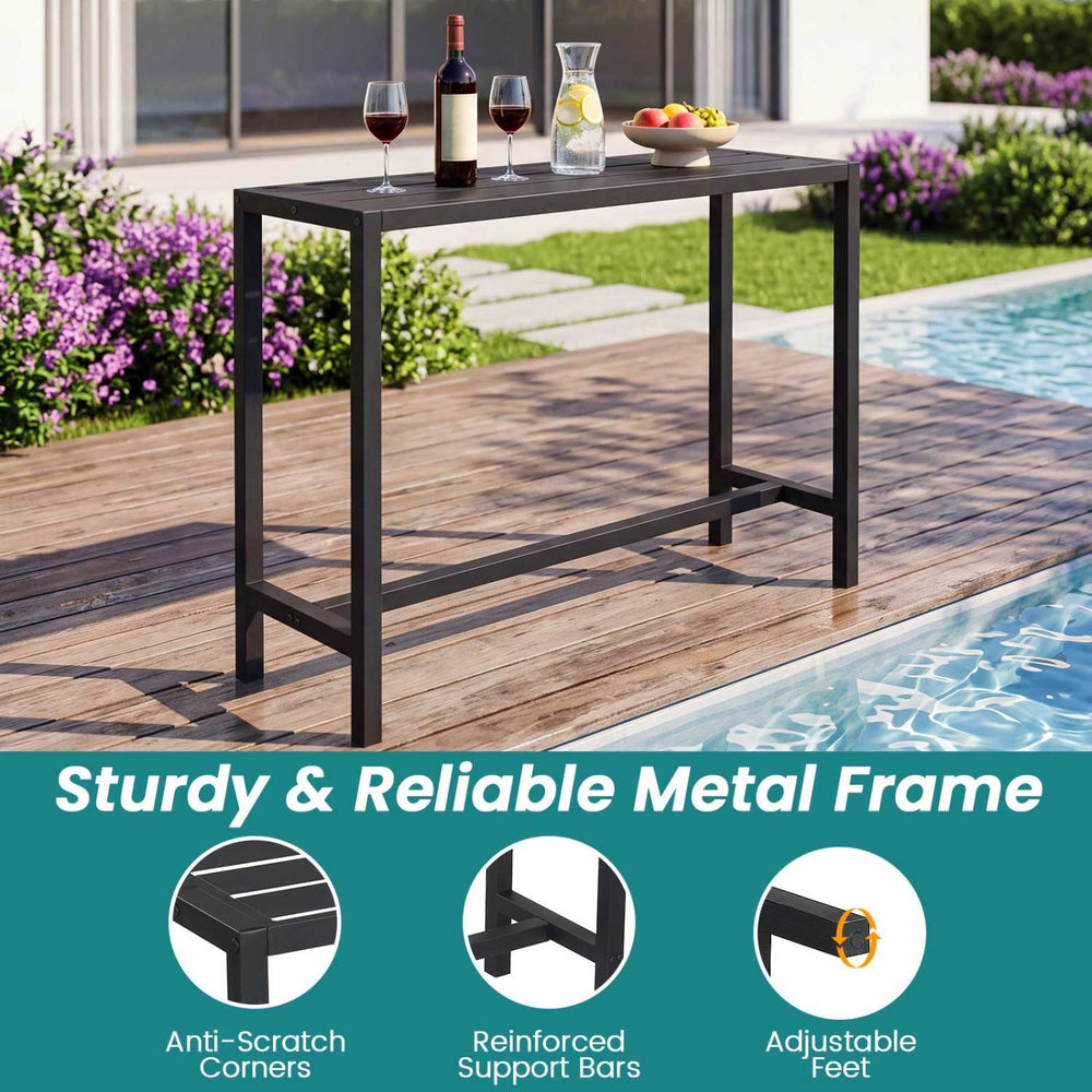 Outdoor bar table with a waterproof top, sturdy metal frame, and adjustable feet for patio or poolside use.