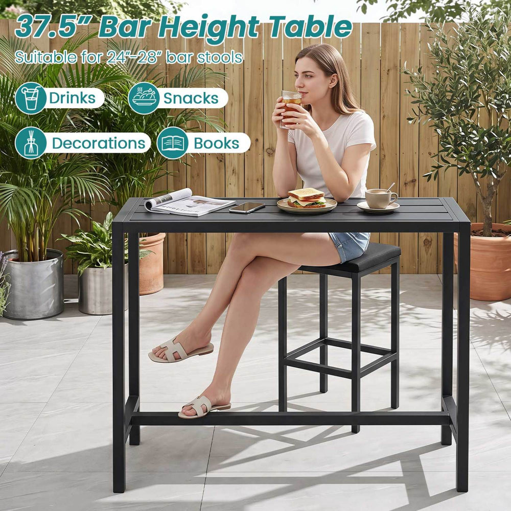 Bar height table with waterproof top and heavy-duty metal frame, ideal for outdoor dining or chatting on patios.