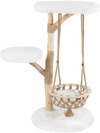 Solid wood cat tree with a hanging cradle, plush fabric, and jute scratching post for pet comfort and relaxation.