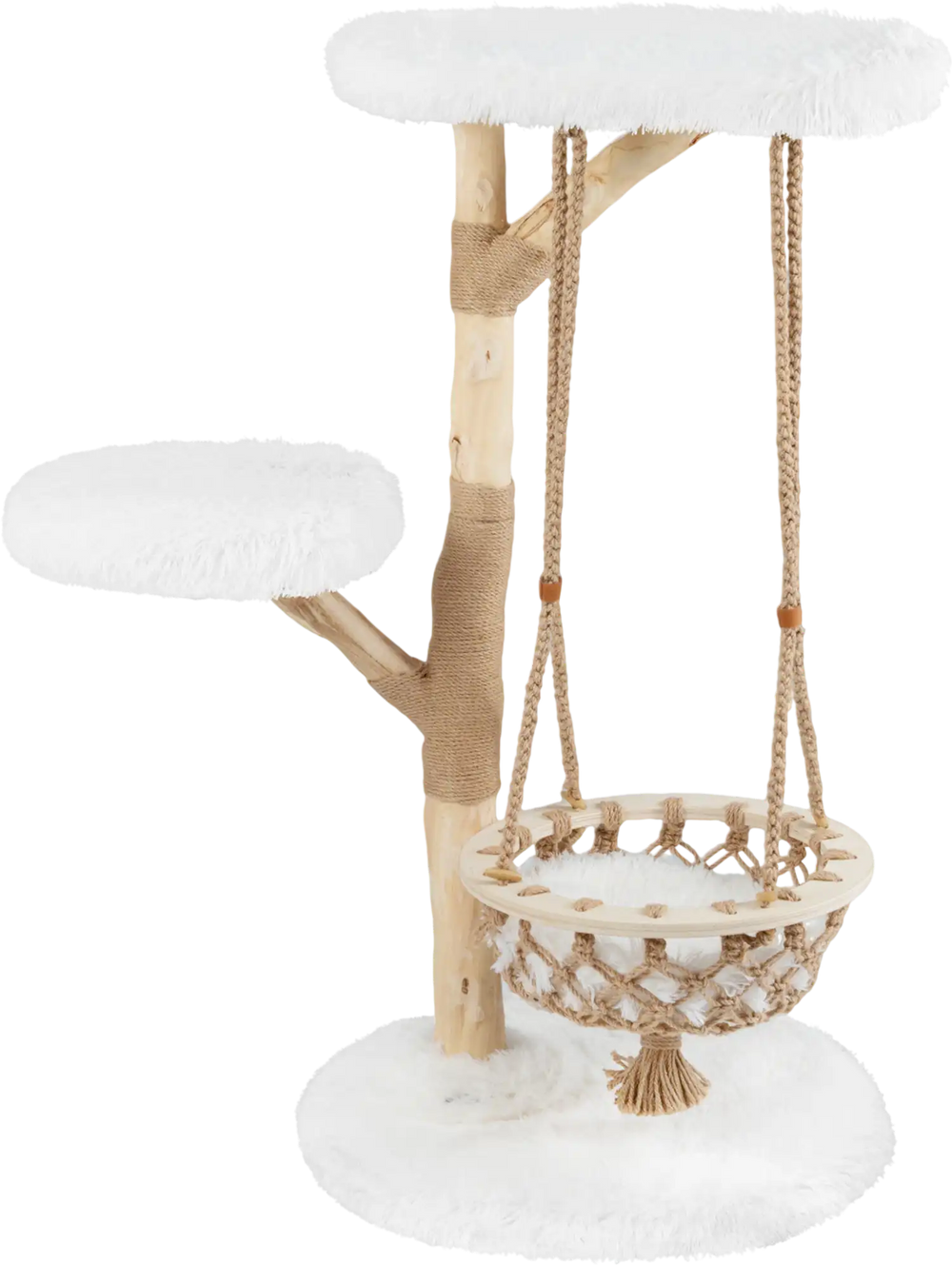 Solid wood cat tree with a hanging cradle, plush fabric, and jute scratching post for pet comfort and relaxation.