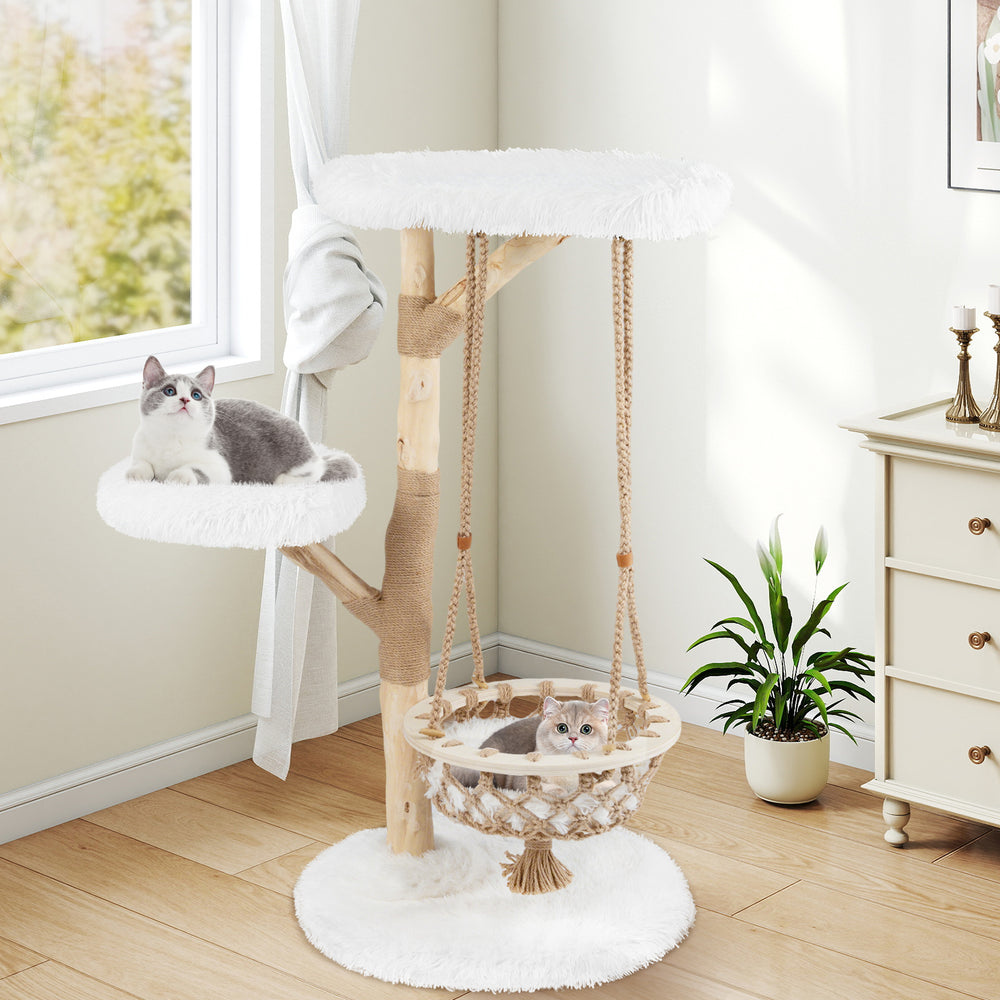 Solid wood cat tree with a hanging cradle and jute scratching post, featuring plush fabric for comfort and stability.